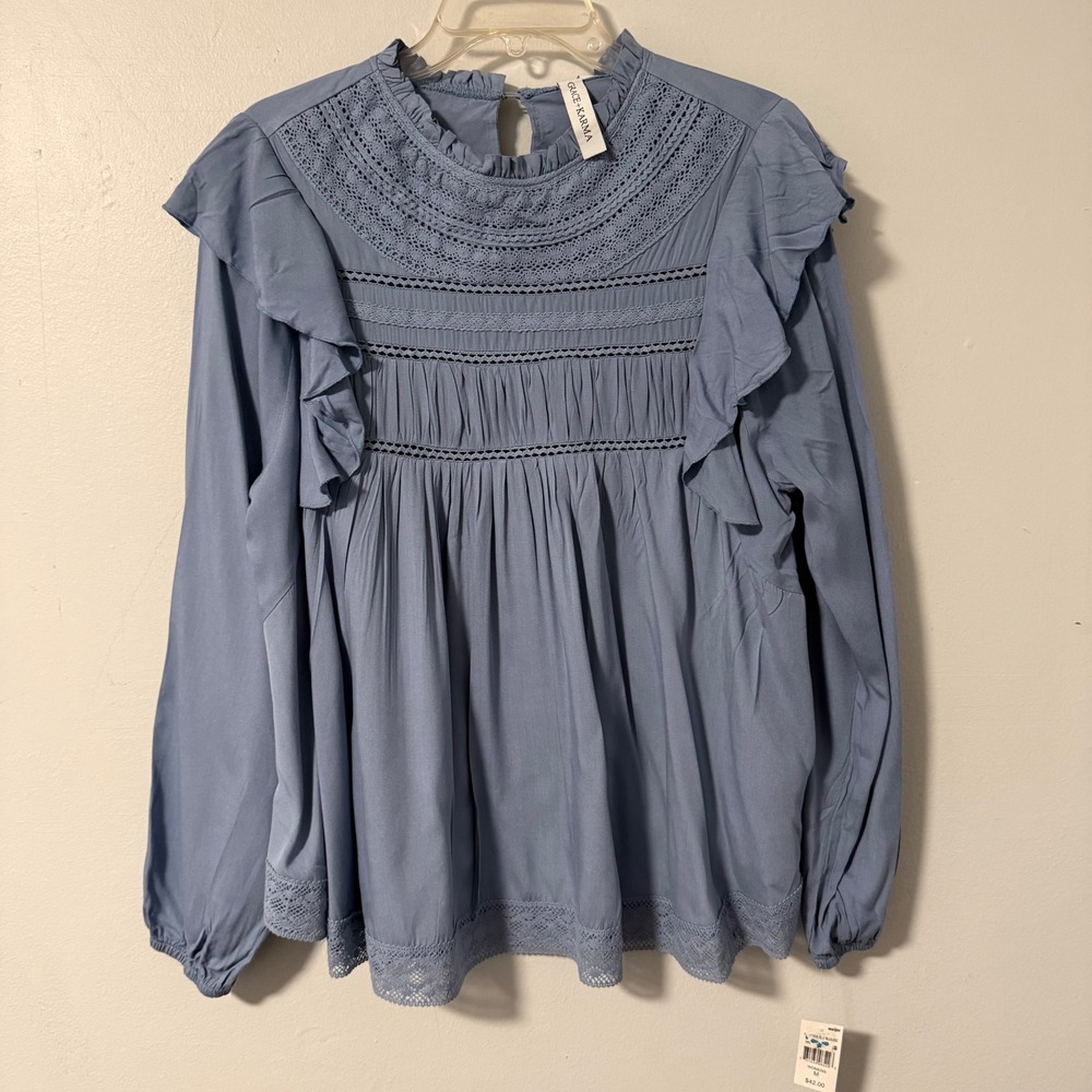 Grace + Karma Dusty Blue Lace Ruffle Long Sleeve Blouse NWT Medium